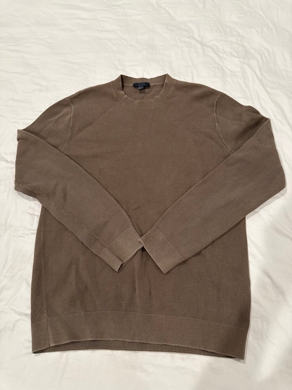 COS Men’s Brown Ribbed Knit Cotton Crewneck Sweater Size Large